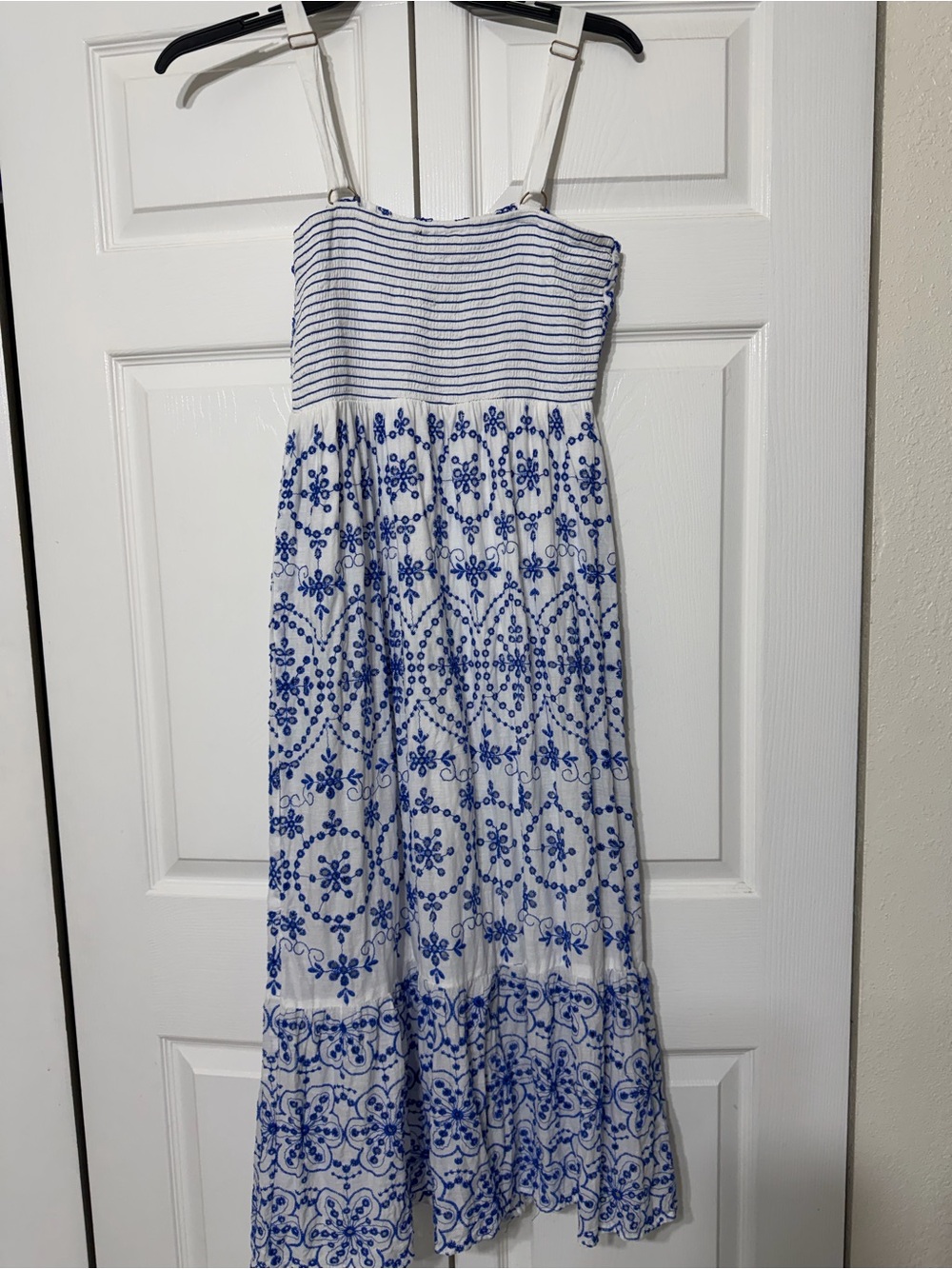 Dress Nado white and blue eyelets embroidered back smocked dress size L